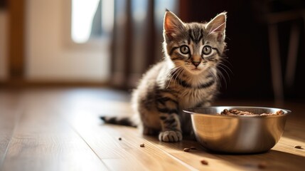 Hungry little kitten sitting on the floor near his bowl