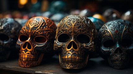 The haunting masquerade of death, as skulls donning masks dance upon a table, a dark and twisted display of macabre beauty