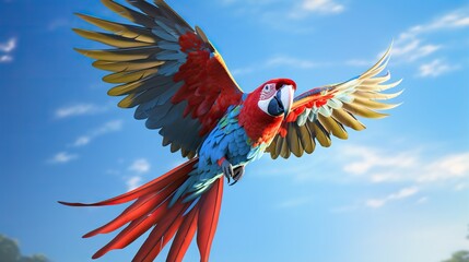  a colorful parrot flying through the air with its wings spread.  generative ai