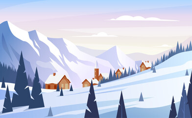 Winter mountain landscape. Vector illustration of sunset in the ski resort with snowy hill, field, slope, forest, village, hotel, houses. Outdoor holiday activity in Alps mountains. Wintertime.  - obrazy, fototapety, plakaty