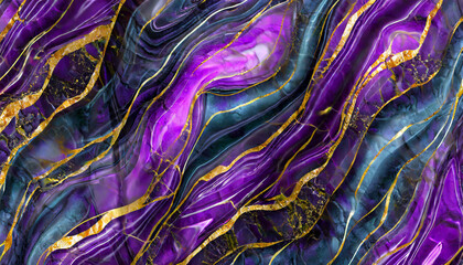 abstract background, digital marbling illustration, violet blue purple marble with golden veins, fake painted artificial stone texture, marbled