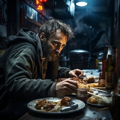 Fototapeta na wymiar A man experiencing homelessness dining in a restaurant