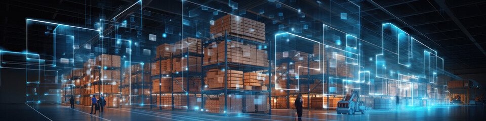 Futuristic Technology Retail Warehouse: Digitalization and Visualization of Industry 4.0 Process that Analyzes Goods, Cardboard Boxes, Products Delivery Infographics in Logistics, Distribution Center.