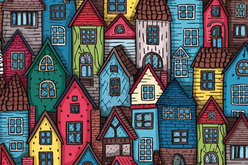Tudor-style homes quirky doodle pattern, wallpaper, background, cartoon, vector, whimsical Illustration
