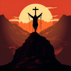 man on the cross with a beautiful sunset in the background.