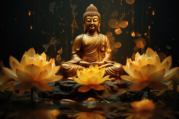Lotus flowers and gold buddha statue