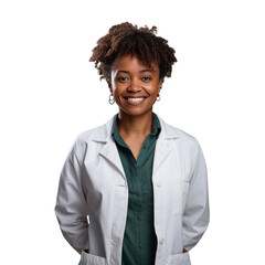 Black female scientist standing up, body view, smiling - obrazy, fototapety, plakaty