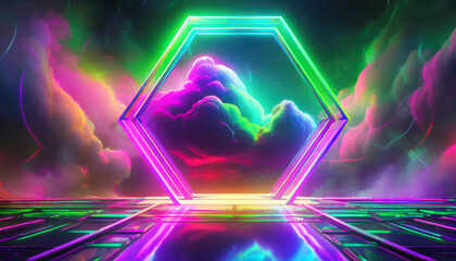 d rendering, abstract neon background with stormy cloud and hexagonal frame glowing with colorful light 