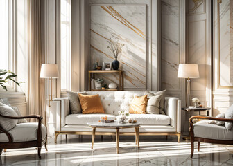 Fototapeta na wymiar Luxury living room interior with white sofa and coffee table. 3d render