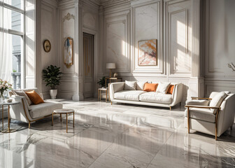 Luxury living room interior with white sofa and coffee table. 3d render