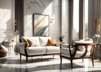 Luxury living room interior with white sofa and coffee table. 3d render