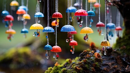 Obraz na płótnie Canvas a bunch of colorful umbrellas hanging from a tree branch. generative ai
