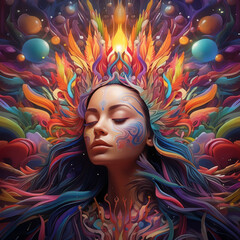 psychedelic, parallel world, abstract reality, parallel universe, psychedelic hallucination, colors,
the female face, india, abstract formats, The face itself with geometric shapes, generative AI