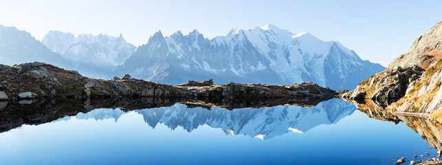 Panorama of Chesery lake (Lac De Cheserys) in France Alps. Monte Bianco mountains range on...