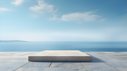 Square Stone Podium in ivory Colors in front of a blurred Seascape. Luxury Backdrop for Product Presentation