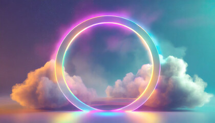 d render, abstract neon background with illuminated cloud and round geometric arch. Mystical foggy scene