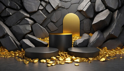 d render, abstract background with black cobblestone ruins, broken rocks and golden nuggets. Modern minimal showcase scene with empty cylinder podium for product presentation