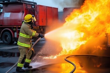 Firefighter using chemical foam fire - obrazy, fototapety, plakaty