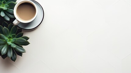 Obraz na płótnie Canvas a cup of coffee next to a plant on a white table. generative ai