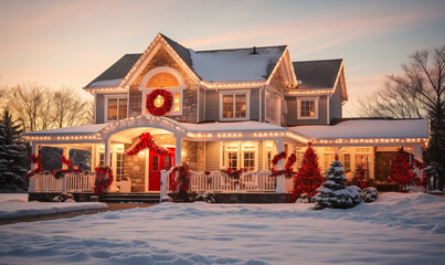 A house covered with christmas lights and festive decorations for the holiday season