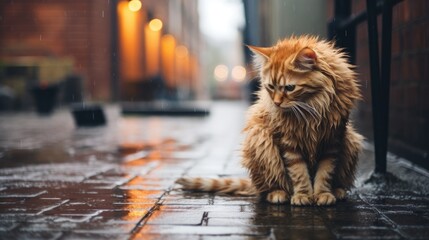 Sad homeless cat sitting on the street during the rain - obrazy, fototapety, plakaty