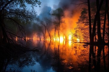 Night fire in the forest near lake