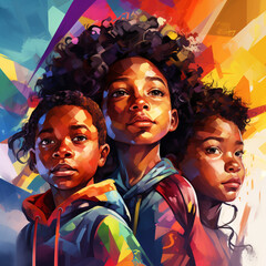 young afro-american kids  in front of colorful graffiti wall, urban children, black history month...