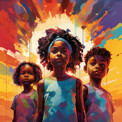 young afro-american kids  in front of colorful graffiti wall, urban children, black history month...