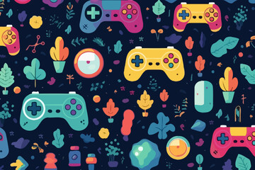 Retro video game quirky doodle pattern, wallpaper, background, cartoon, vector, whimsical Illustration