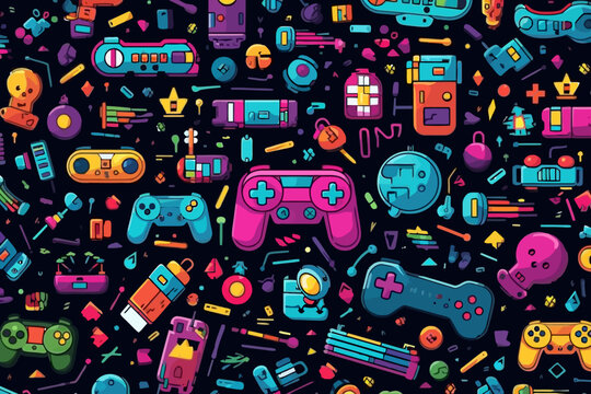 Retro video game quirky doodle pattern, wallpaper, background, cartoon, vector, whimsical Illustration