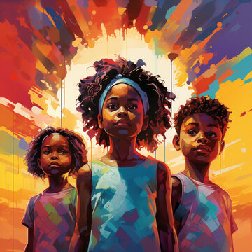 young afro-american kids  in front of colorful graffiti wall, urban children, black history month concept