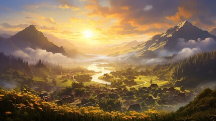 Fototapeta premium a painting of a beautiful sunset over a mountain town and lake. generative ai