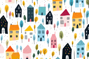 Contemporary homes quirky doodle pattern, wallpaper, background, cartoon, vector, whimsical Illustration