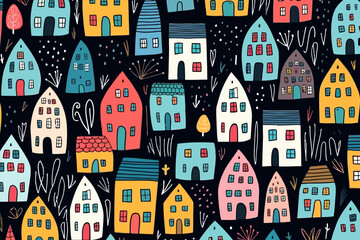 Contemporary homes quirky doodle pattern, wallpaper, background, cartoon, vector, whimsical Illustration