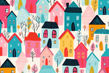 Contemporary homes quirky doodle pattern, wallpaper, background, cartoon, vector, whimsical Illustration