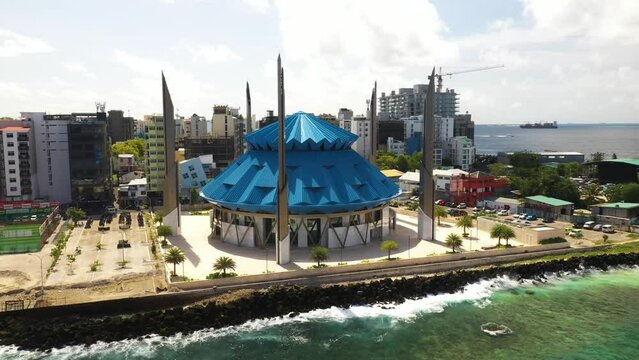 Aerial view of King Salman Mosque in Male, Maldives.