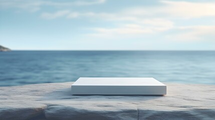 Square Stone Podium in light blue Colors in front of a blurred Seascape. Luxury Backdrop for Product Presentation