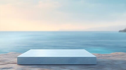 Square Stone Podium in light blue Colors in front of a blurred Seascape. Luxury Backdrop for Product Presentation