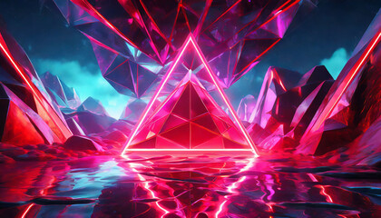 d render, abstract fantasy background. Unique futuristic wallpaper with triangular geometric shape glowing with pink red neon light, colorful cloud and water