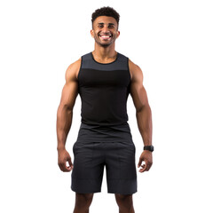 Fototapeta premium Black male athlete standing up, body view, smiling