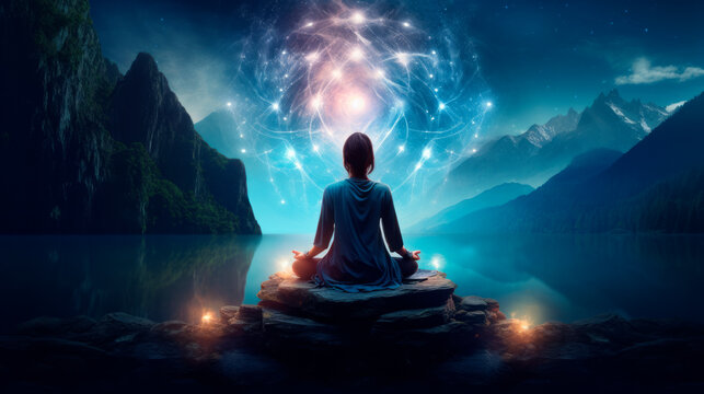 Calm yogi from behind, practices yoga in lotus pose on lake or river among mountains, under night sky with constellations and clouds