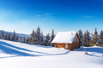 A wintery scene with a mountain meadow, snow-covered pine trees, and a rustic wooden cottage. Clear blue sky on background