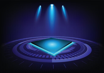 Futuristic stage platform with digital element around.Digital technology artwork.Concept stage or podium for show product in cyber style.Technology demonstration flat vector.