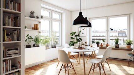 Interior design inspiration of Scandinavian Mid-century Modern style home dining room loveliness decorated with Wood and Plastic material and Graphic Prints .Generative AI home interior design .