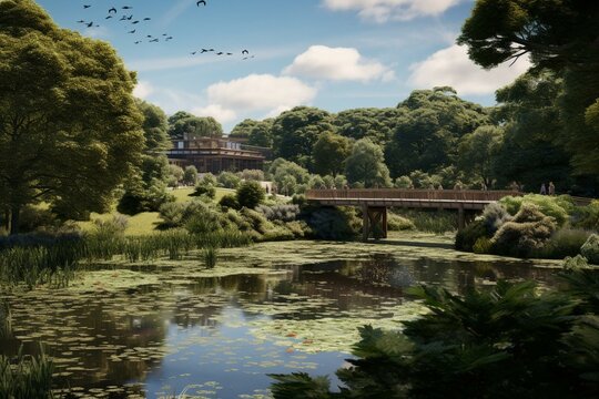 A huge reservoir perched above a waterway alongside a woodland teeming with foliage and a pond beneath it featuring a footbridge. Generative AI