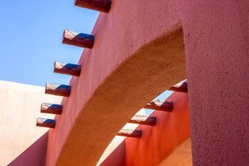 Adobe-style building in Santa Fe, New Mexico. Architectural details.