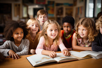 Fototapeta na wymiar children talking and writing in classroom