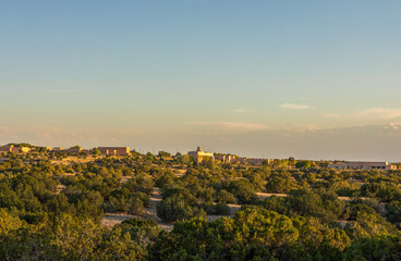 Southwest living. Santa Fe Residential Panorama on sunset. New Mexico, USA