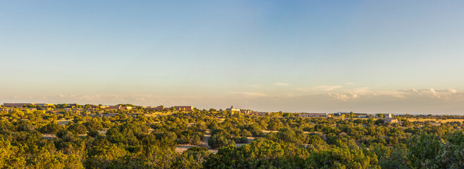 Obraz premium Southwest living. Santa Fe Residential Panorama on sunset. New Mexico, USA