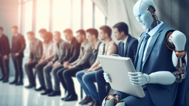 Robot sitting in queue preparing for interview,wearing costume waiting on chairs holding resume using tablet, technology, hiring job concept